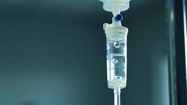 Close Up of Transparent IV Drip Chamber in Dimly Lit Medical Setting With Controlled Fluid Flow Showcasing Intravenous Therapy and Patient Care Illustrating Controlled Fluid Flow in a Medical