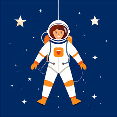 Cartoon illustration of a happy woman astronaut floating in deep space amidst stars, with a simple design and a dark blue background.