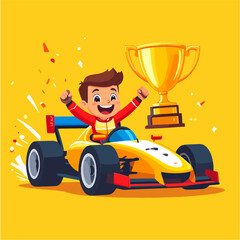 Obraz premium A cartoon illustration of a young and joyful race car driver celebrating his victory, sitting in his yellow race car with a gold trophy in front of a bright yellow background.