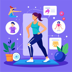 A vibrant illustration of a woman doing knee strengthening exercises on a yoga mat, with informational icons, plants and stylized graphics against a purple backdrop.