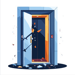 Stylized vector illustration of an open elevator with a blue frame and fractured door, showing a glimpse of the orange-lit interior, perfect for designs needing a modern touch.