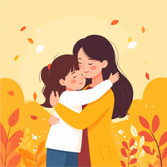 A heartwarming cartoon illustration shows a loving mother embracing her young daughter amidst falling autumn leaves, conveying the tender bond of family and maternal love.