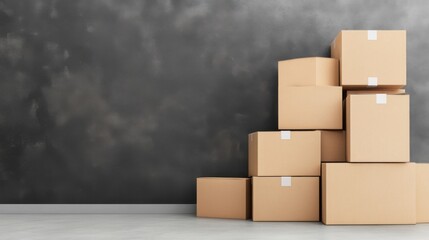 Stacked Cardboard Boxes on a Gray Wall in a Modern Space