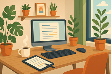 Fototapeta premium Cozy Workspace with Greenery