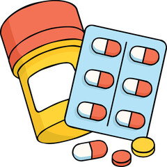 Vector Illustration of Medicine Bottle with Capsules and Tablet Blister Pack – Colorful Drug Packaging for Healthcare, Pharmacy, and Medical Treatment Concept in Flat Cartoon Style on White Background
