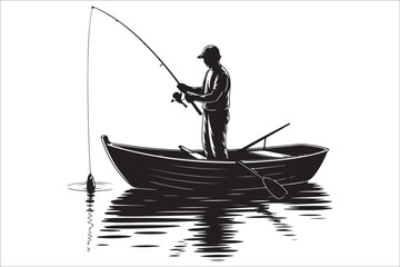 Silhouettes of a fisherman and boat on calm blue water at sunset