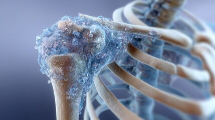 Slowmotion sequence of shoulder anatomy affected by adhesive capsulitis showing icy blue fibrotic bands limiting joint flexibility in detailed render.
