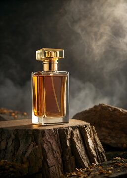 Elegant amber perfume bottle on natural wood display