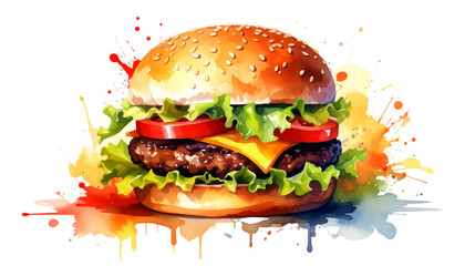 Watercolor painting of a classic burger, soft bun with ingredients like lettuce, tomato, onion, cheese, beef patty, for commercial food branding or packaging design