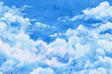 Watercolor depiction of a vast, vibrant blue sky filled with fluffy white clouds, showcasing soft gradients and texture