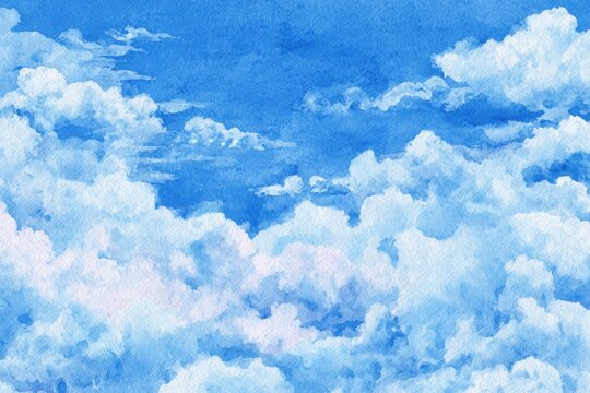 Watercolor depiction of a vast, vibrant blue sky filled with fluffy white clouds, showcasing soft gradients and texture