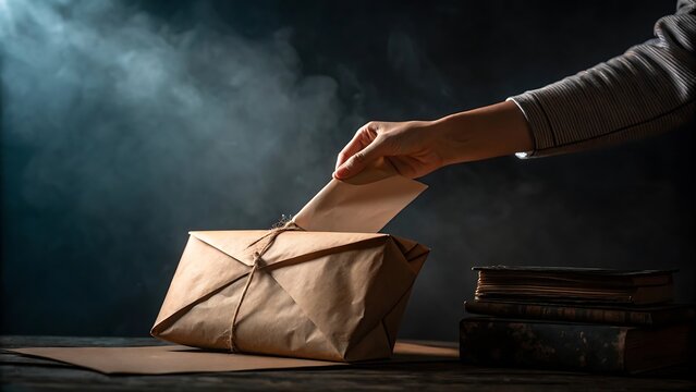 Hand placing a letter into a vintage brown paper wrapped package