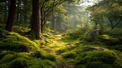 Naklejka premium Lush Green Moss Forest Floor with Sunlight 