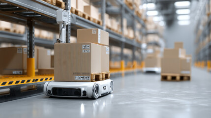 Automated warehouse robot moving packages industrial facility technology showcase modern environment close-up view efficiency concept