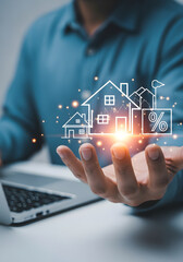 Man holding digital houses and mortgage interest rates with glowing light