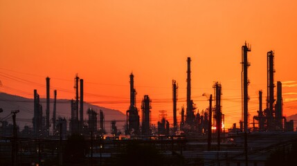 Fototapeta premium Industrial refinery at sunset with steel structures against a dramatic orange sky. 