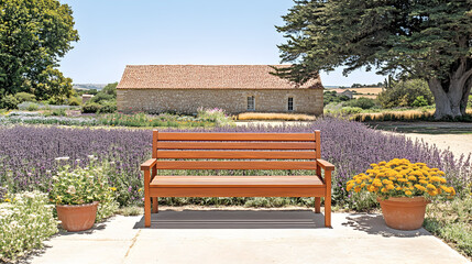 Wooden bench in a garden with lavender and a building in the background.
