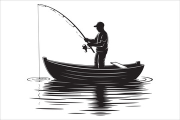 Silhouettes of a fisherman and boat on calm blue water at sunset
