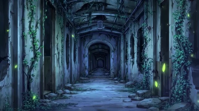 Eerie overgrown hallway of an abandoned asylum with long perspective architecture