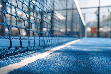 Close-up of a paddle tennis court's net and floor.  Blue net, court surface, and faded white lines.  Background shows a portion of the building's interior