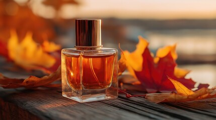Elegant glass perfume bottle surrounded by vibrant autumn leaves on a wooden surface