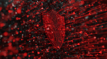 Cybersecurity event digital shield protection virtual space graphic design red environment abstract viewpoint data safety concept