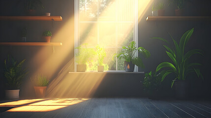 Sunlight streams into a room with plants and shelves.