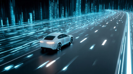 Futuristic electric vehicle racing on digital highway urban landscape 3d animation night scene technology and innovation