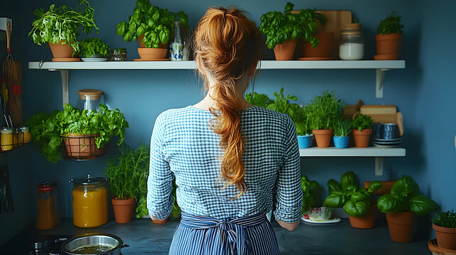 Woman with long red hair standing facing away from camera, looking at indoor plants on shelves in a kitchen.