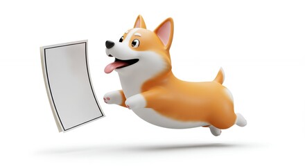 Cartoon corgi dog running with paper