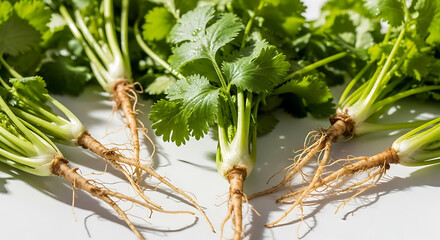 Fresh Cilantro Herb with Roots and Green Leaves
