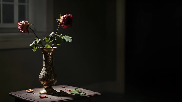 Wilting Red Roses in Golden Vase Subtle Animation on Wooden Table Moody Lighting Roses Symbolize Loss and Decay Glimmering Petals Scattered on Surface In Dark Room A Beautiful Floral Arrangement
