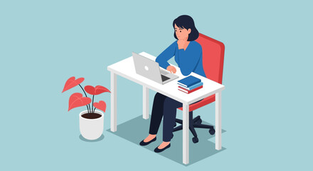 A dedicated young woman works productively on her laptop at a comfortable desk, illustrating the modern concept of remote work and digital connectivity.