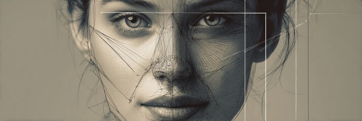 Facial Symmetry Study With Anatomical Sketch Overlay Highlighting Features in Detailed Artistic Representation