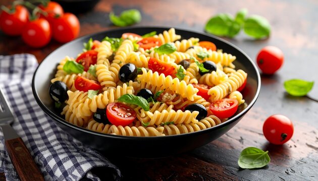 Pasta salad with cherry tomatoes, olives, and basil