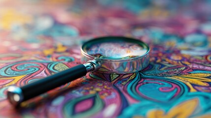 A magnifying glass placed beside a colorful abstract pattern, set against a clean white background.
