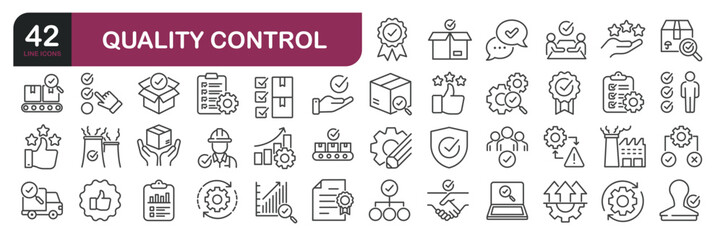 Set of line icons related to quality control, verification, validation. Outline icons collection. Editable stroke.