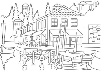 Fototapeta premium Coloring page of seaside town with boats and buildings vector art