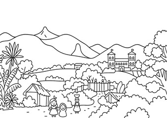 Coloring page of village with castle mountain and people for kids fun