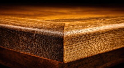 Close-up corner of a richly-hued wooden tabletop.  Wooden edge, showing grain detail.  Darker tones around the corner