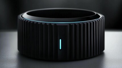 Close-up of a dark, ribbed, ring-shaped device with a glowing light