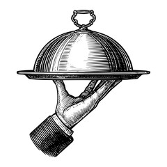 Hand holding silver cloche serving tray in vintage engraving style