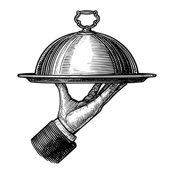 Hand holding silver cloche serving tray in vintage engraving style