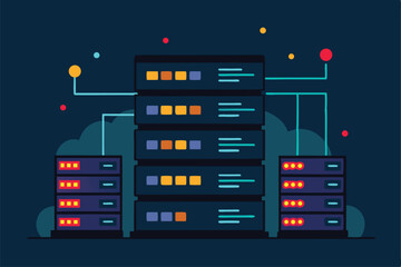 server racks with glowing lights and data transfer.eps