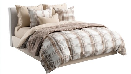 Beige and brown plaid bedding set on a light beige bed frame