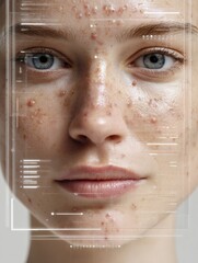 Digital Analysis Interface Used for Acne Diagnosis on a Patients Face With a Blurred Background Indicating Focus on Skin Condition