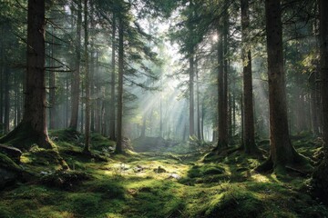 Obraz premium Sunlight streams through a dense forest, illuminating a mossy floor