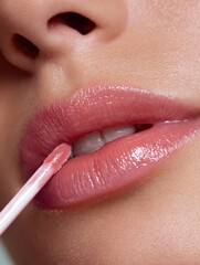 Naklejka premium Close-up on Lip Enhancement With Brush and Liner Application Against Soft Pastel Background for a Refreshing Beauty Look