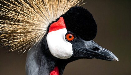 Crowned crane portrait captures the majestic and elaborate plumage detail elegantly highlighted