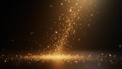 Abstract dark background with floating shimmering gold dust and soft glow, cinematic spotlight effect, no product